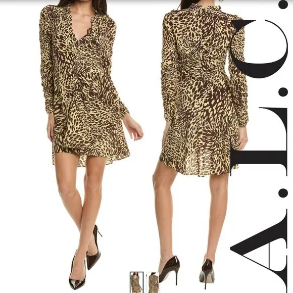 A.L.C. Marcie SILK Mini Dress NWT Golden Haze Chocolate Brown Leopard Brand New - Picture 2 of 14